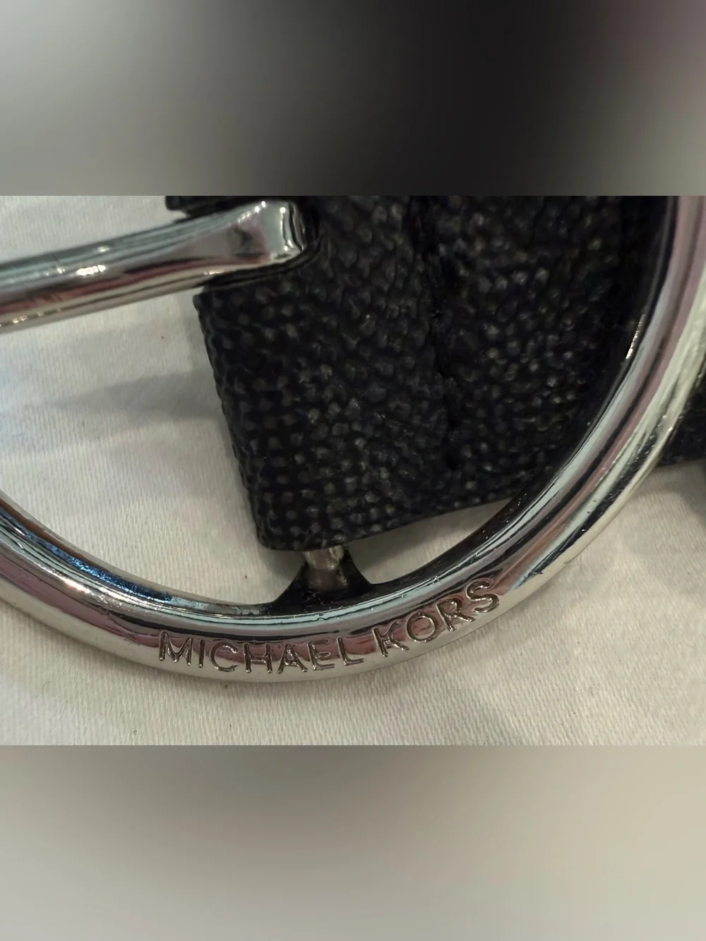 Michael Kors Black Textured Leather Belt with Round Silver Buckle